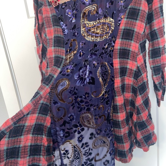 Aratta Silent Journey Womens Top Sz Medium Plaid Mixed Media Velvet Burnout - Picture 12 of 14